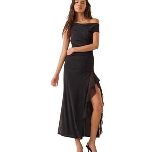 Altar'd State Kalea Mesh Maxi Dress Women M Black Glitter Ruched Side slit